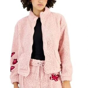 Crave Fame Jr's Pink Poly Butterfly Patchwork Zip Front Sherpa Jacket NEW